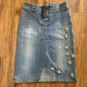 MORE & MORE~Denim Skirt~Beading Detail~Lace Up W/Snap~Sz. 36